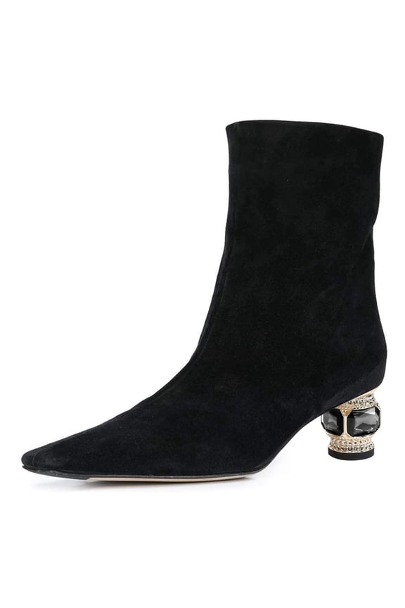 Women Classic Square Toe Crystal Block Heels Ankle Boots Rhinestone Low Heeled Pull On Comfy Booties Walking Shopping Shoes Size 11 Black Suede