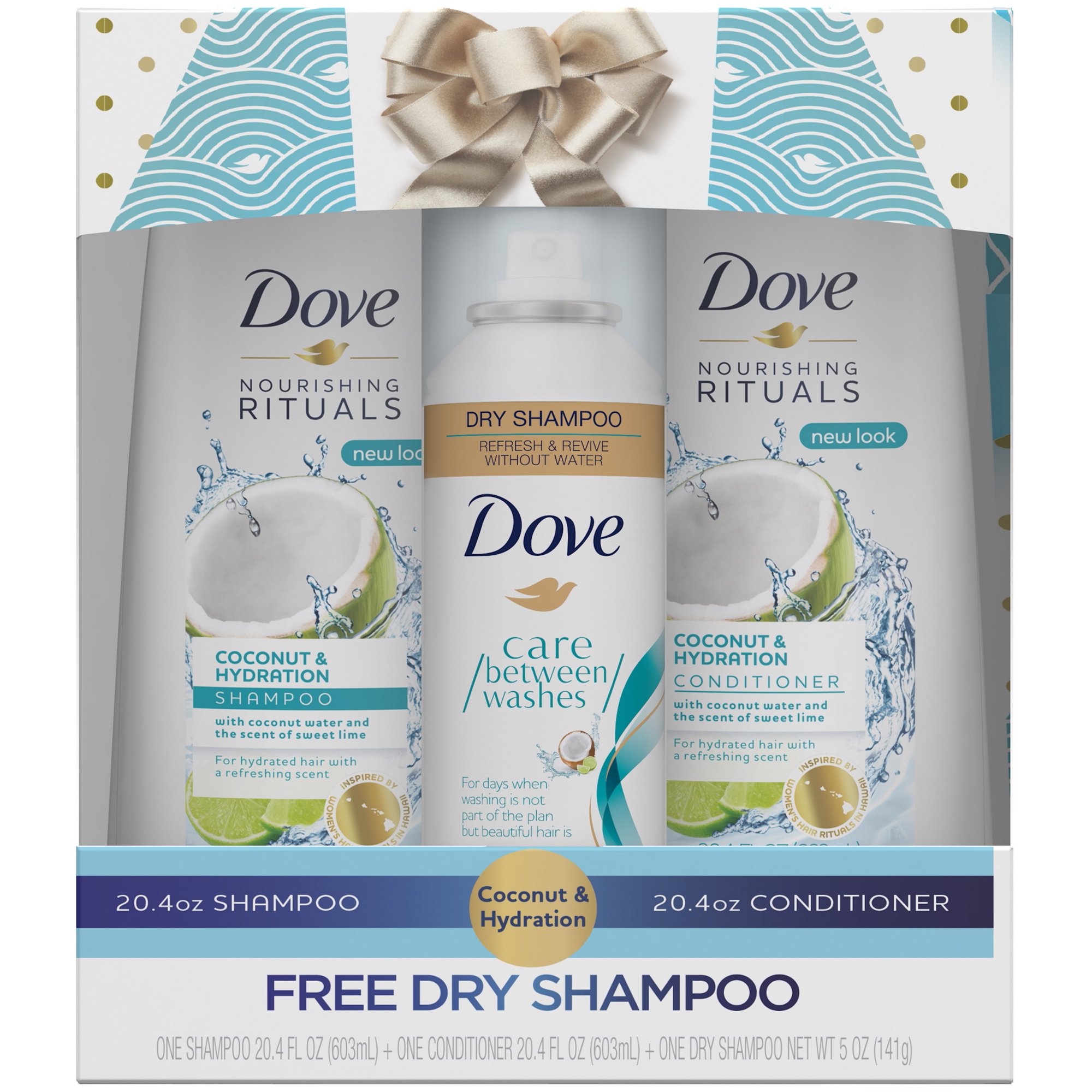 ($15 Value) Dove Coconut and Hydration 3-Piece Holiday Set with Nourishing Shampoo, Conditioner, and Dry Shampoo