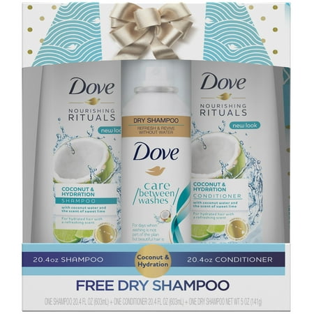 ($15 Value) Dove Coconut and Hydration 3-Piece Holiday Set with Nourishing Shampoo, Conditioner, and Dry Shampoo