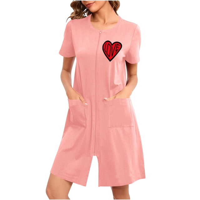 House Coats for Women with Zipper Short Sleeve Long Length Knit Robe 1 Pc