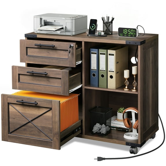 GALAXHERO 3-Drawer Locking File Cabinet, Wood Filing Cabinets with Charging Station, Rolling Printer Stand for Home Office, Dark Brown