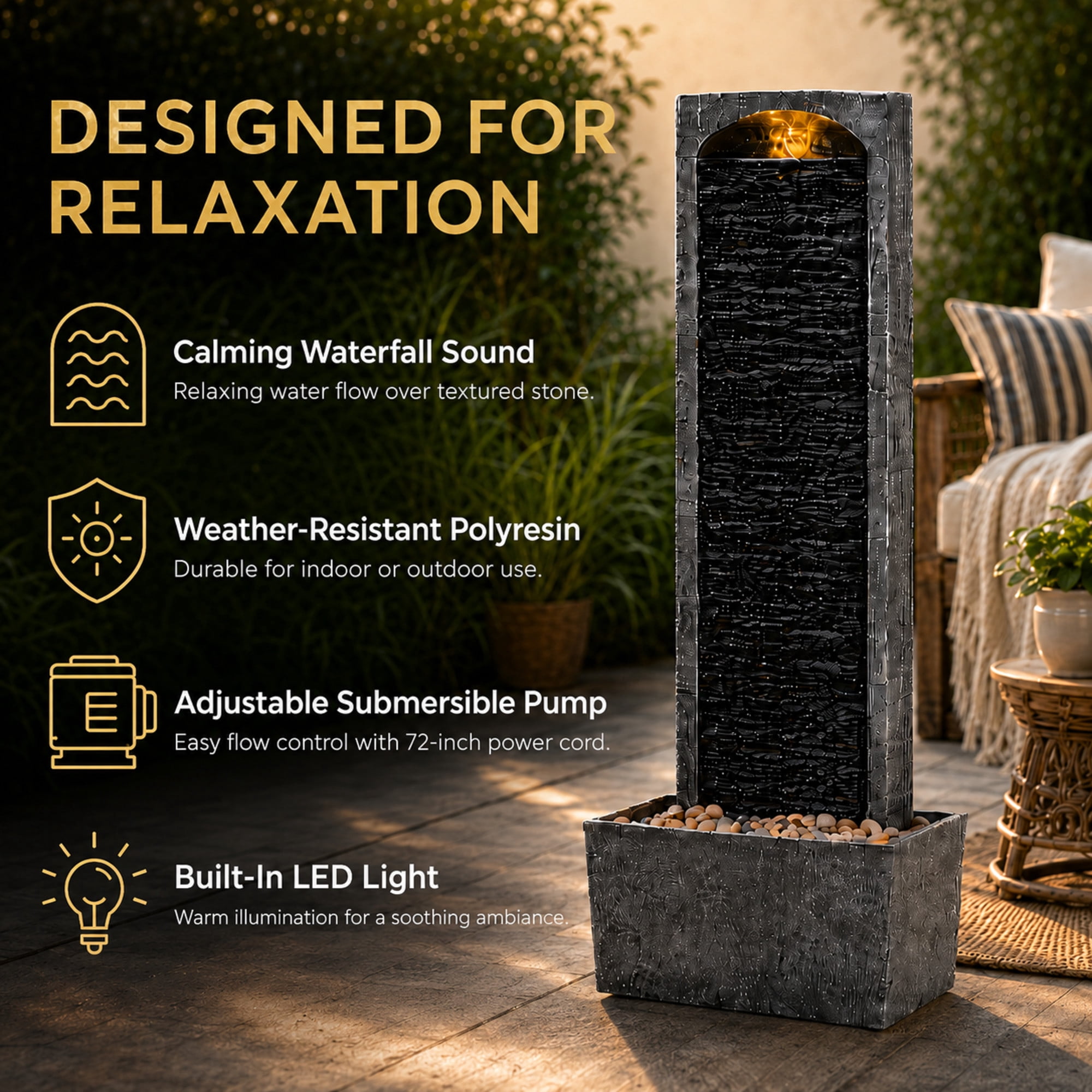 Teamson Home 38.5" Faux Slate Contemporary Outdoor LED Waterfall Fountain with Pebble Base, Gray/Black