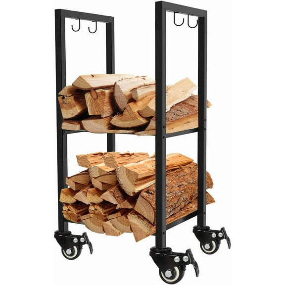 2 Tiers Small Firewood Log Storage Rack Holder with Wheels for Indoor Fireplace or Outdoor Patio, Black