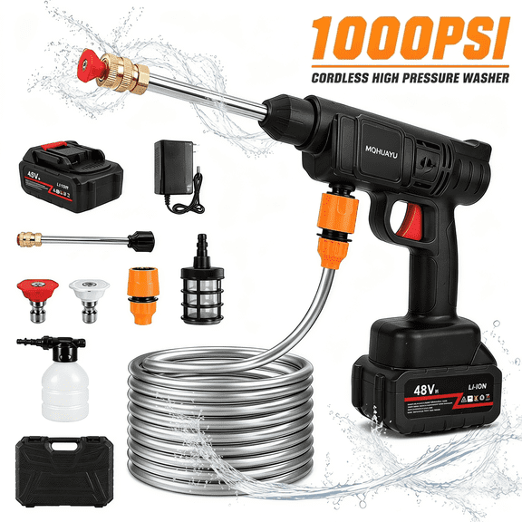 21V Cordless Pressure Washer, Portable High Pressure Cleaner, 16.4ft Water Hose, Builtin 10-cell 1500mAh Rechargeable Battery, Lightweight Handheld Cleaning Machine for Car Patio Window Washing