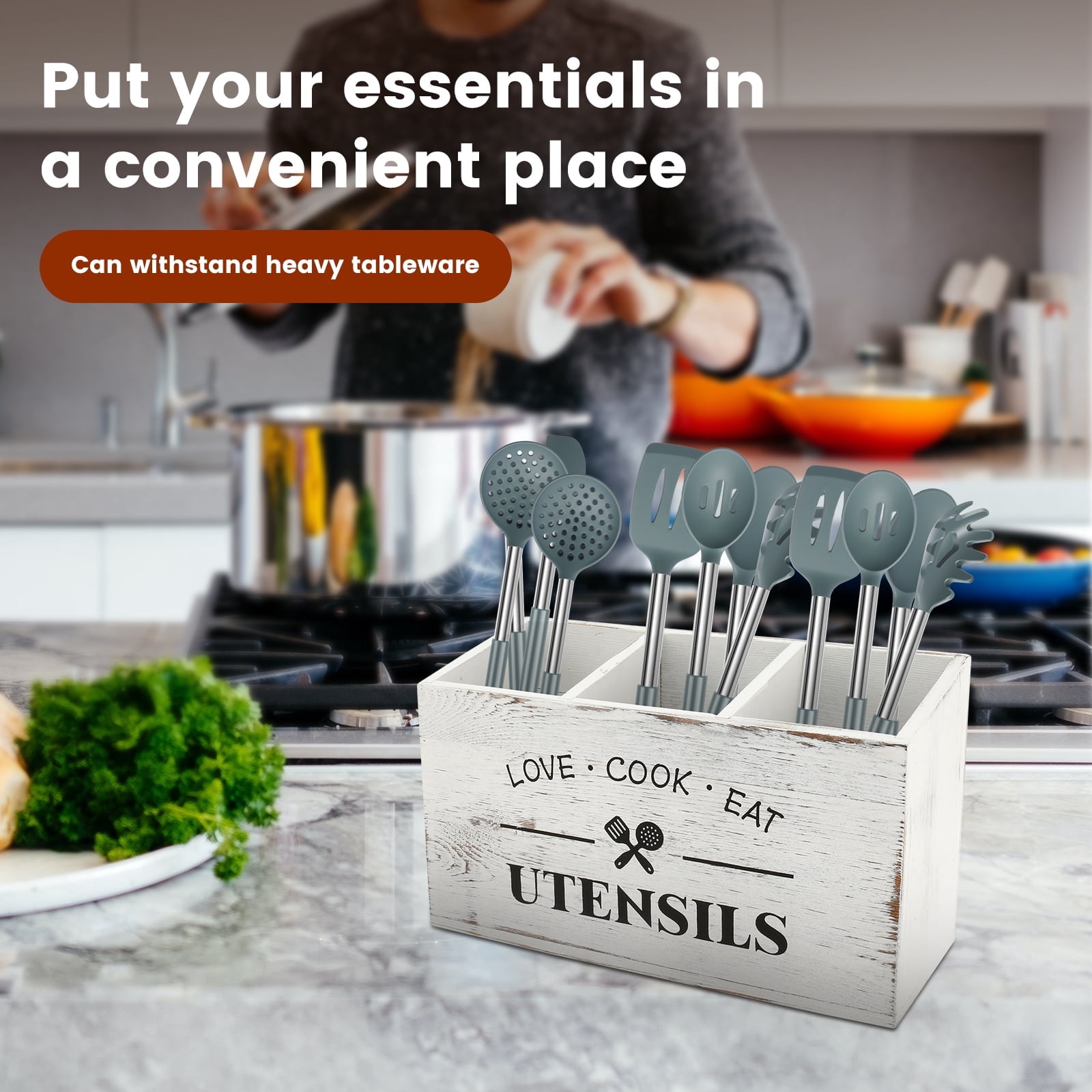 Wooden Kitchen Utensil Holder with 3 Compartments, Utensil Storage Organizer, Rustic Cooking Tools Storage for Kitchen Counter, Farmhouse Decoration