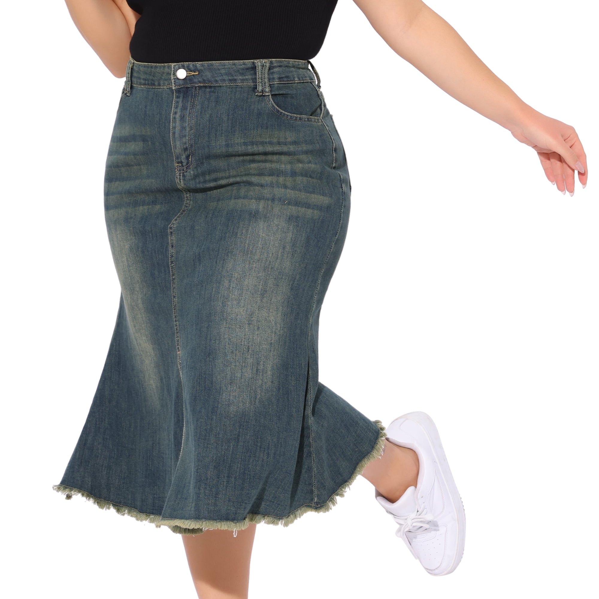 DARING DIVA Women's Plus Denim Fishtail Midi Jean Skirt with Pockets 4X Grey Blue