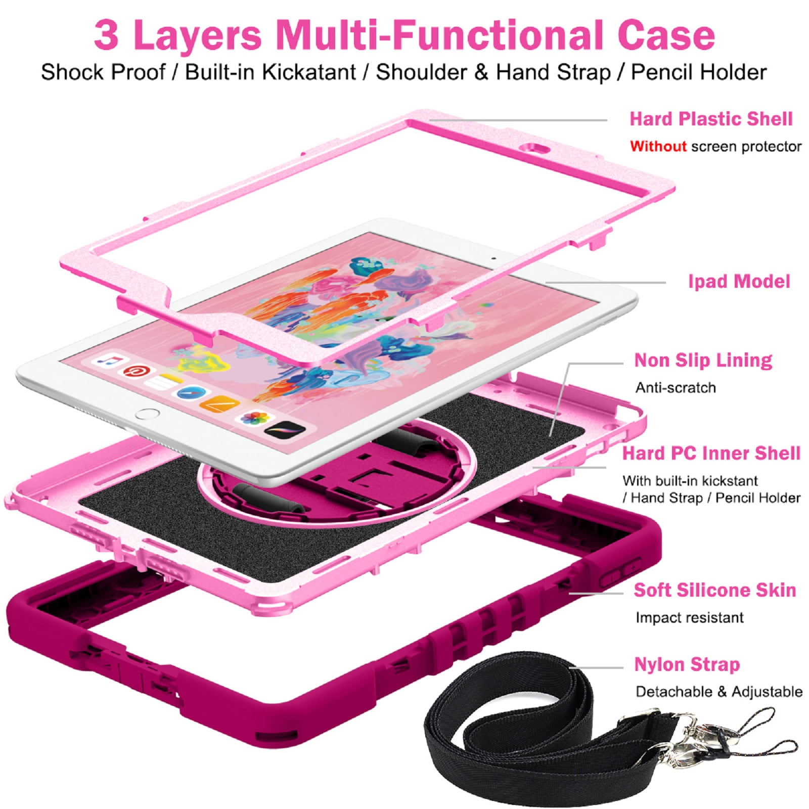 ELEHOLD Rugged Case For Apple iPad 11th(A16) 2025 Three-Layer Hybrid Muti-Functional Case with 360° Rotating Kickstand Pencil Holder Handstrap Shoulder Strap Shockproof Case ,D