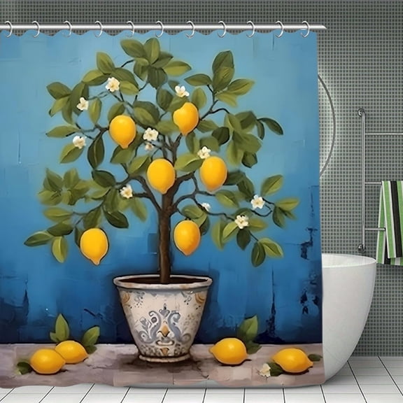 Lemon Tree Potted Blue Print Shower Curtain,Modern Fabric Waterproof Shower Curtain Set with Hooks,70.8×70.8Inch