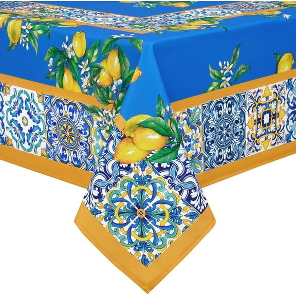 Rectangle Vintage Lemon Tablecloth 60x104 Inch, Waterproof Polyester Cotton Table Cloth, Tile Flower Pattern Tablecloths for Spring Summer, Fabric Tablecloth for Indoor/Outdoor/Picnic/Party Decor