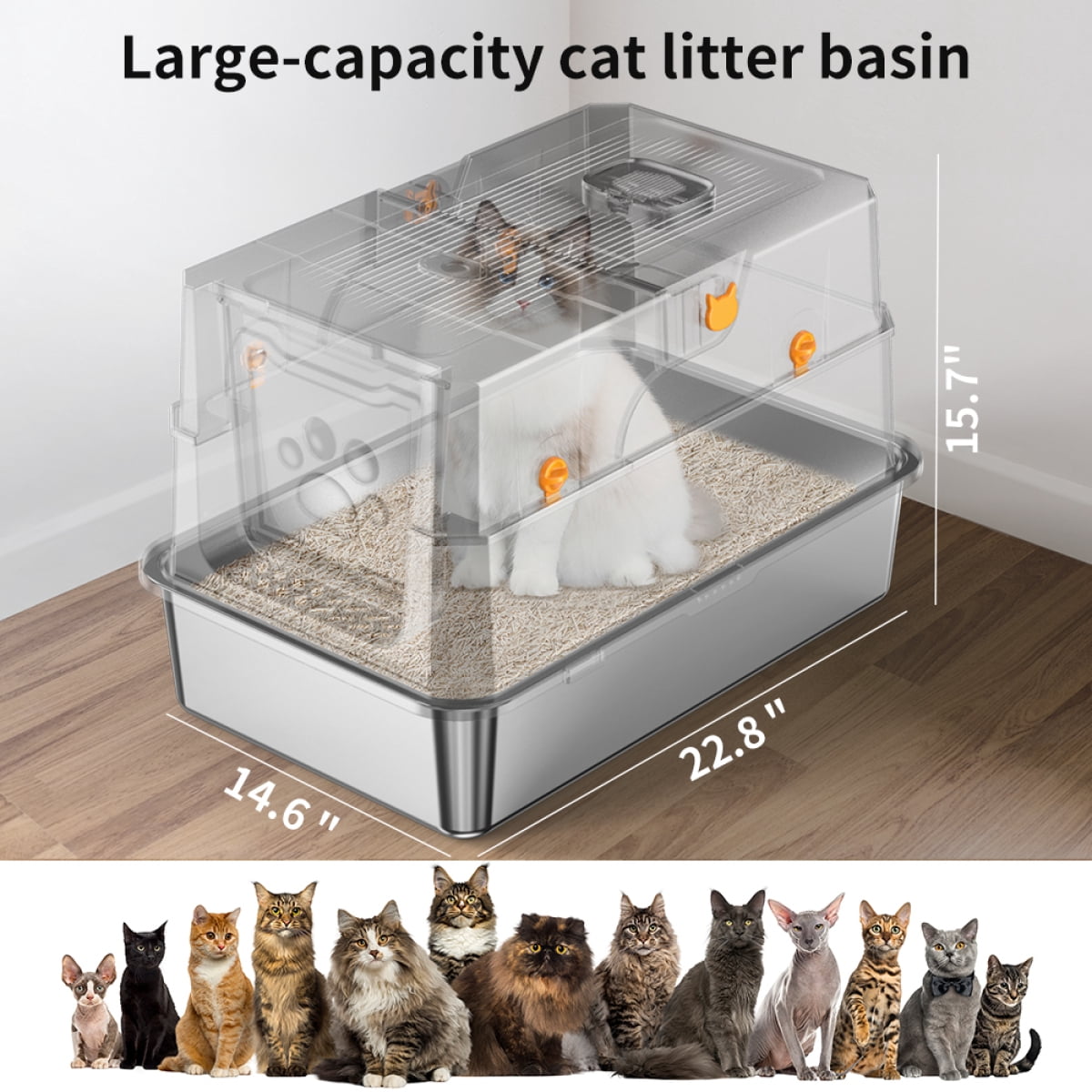 LuckyNote Stainless Steel Cat Litter Box, High-Sided with Leak Protection, Includes Scoop with Hook, Easy-Clean Odor-Resistant for Indoor Cats, Black and Silver