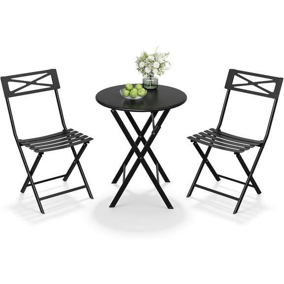IdealHouse 3-Piece Folding Patio Bistro Set, Foldable Outdoor Table and 2 Chairs with Premium Frame, Compact Garden, Balcony & Patio Furniture Set, Black