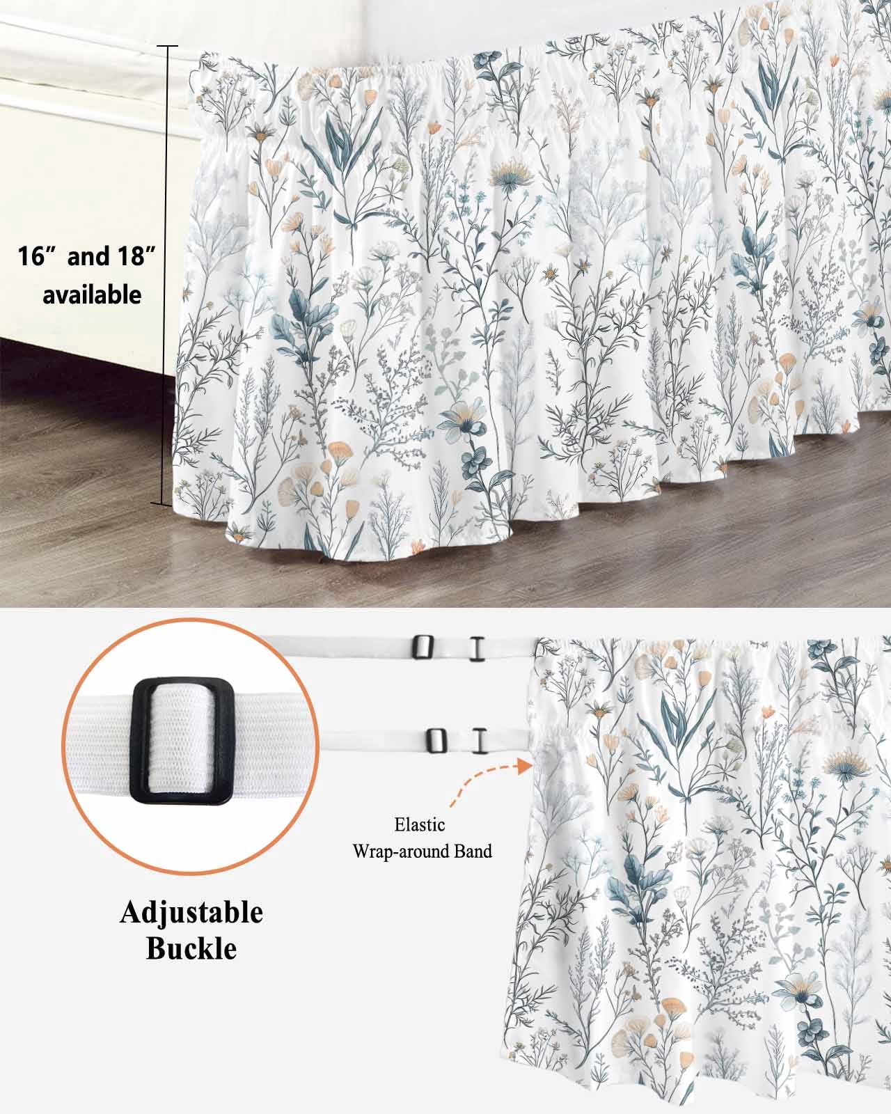 Spring Floral Wrap Around Bed Skirts for King Bed 18" Drop, Bed Skirt with Adjustable Elastic Belt Dust Ruffle Bed Valance for Bedroom Hotel Luxury Vintage Botanical Watercolor Bed Frame Cover