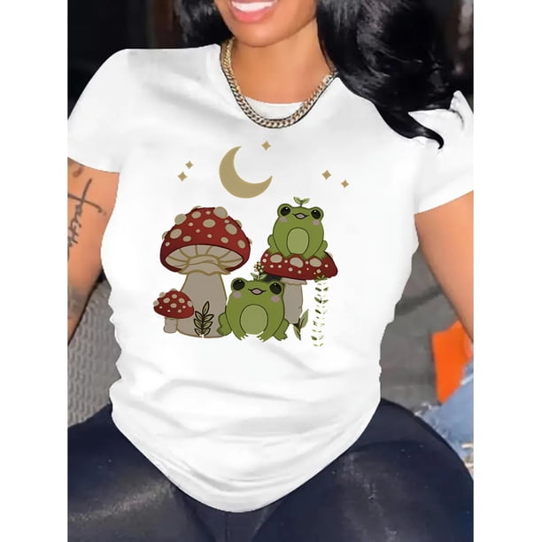 Camiseta de mujer de verano con Cuello RedondoWomen's Casual Geometric Print T-Shirt with Mushroom, Frog, and Moon Design - Polyester Knit Fabric, All-Season Comfort, Round Neck, Elasticity, Abstrac