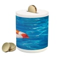 thumbnail image 1 of Coastal Piggy Bank, in Crystal Clear Swimming Pool Summer Relaxing Vacation Sports Theme, Ceramic Coin Bank Money Box for Cash Saving, 3.6" X 3.2", Blue Orange White, by Ambesonne, 1 of 4