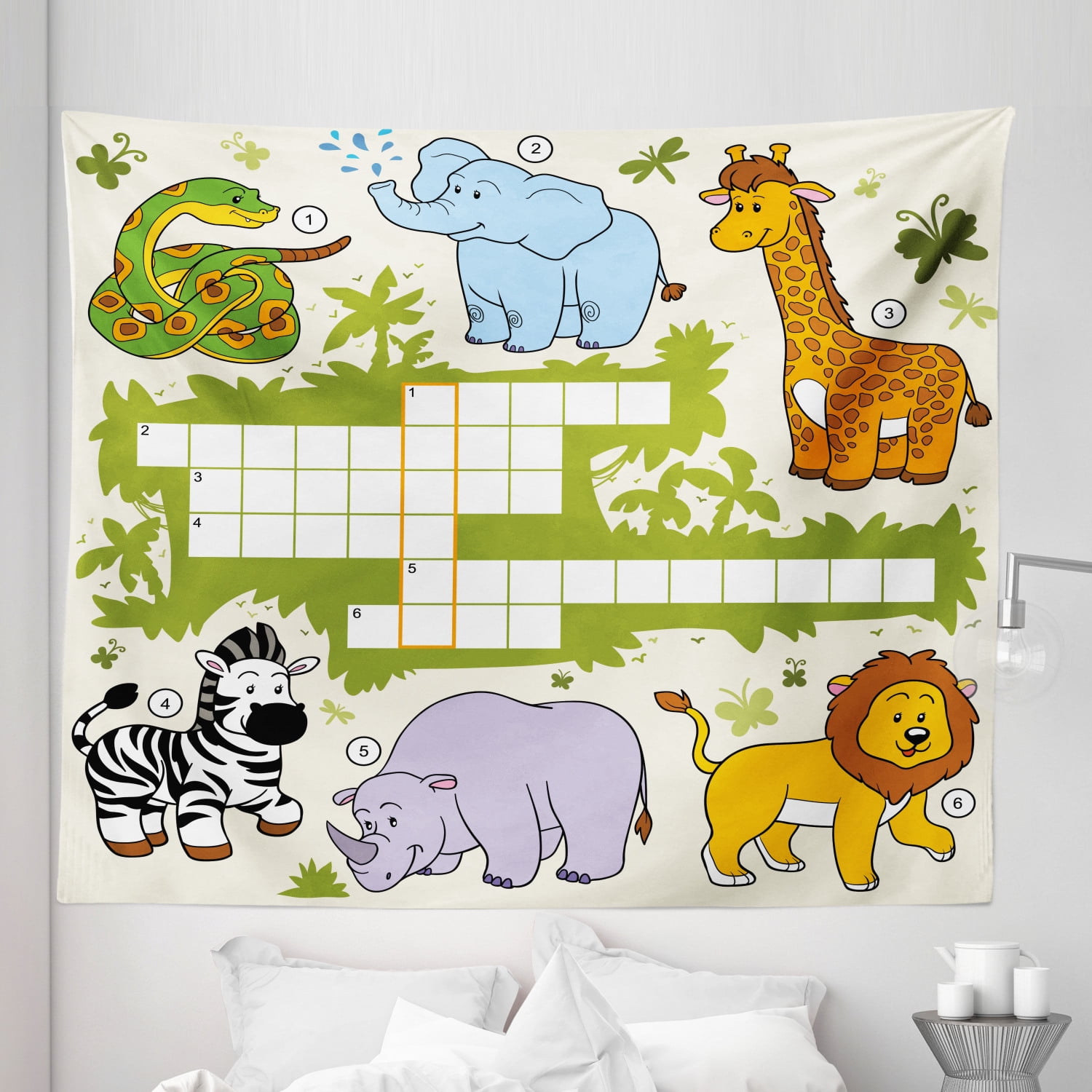Word Search Puzzle Tapestry, Colorful Crossword Game for Wild Jungle