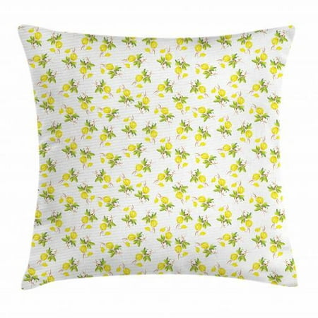 Lemons Throw Pillow Cushion Cover, Abstract Design Watercolor Paint Romantic Style Tiny Lemons on Branch, Decorative Square Accent Pillow Case, 16 X 16 Inches, Yellow Lime Green Brown, by