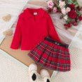 thumbnail image 3 of GYRATEDREAM Toddler Baby Girls Skirt 3Pcs Set Little Kids Lapel Long Sleeve Pit Strip Ribbed T Shirt Top Plaid Pleated Mini Skirt with Belt Outfits Fall Winter Clothes for 12 Months-5 Years Red, 3 of 8