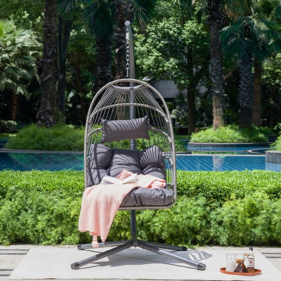 Black Gray PE Rattan Iron Outdoor Egg Hanging Chair with Stand Rust Resistant Frame Mildew Resistant Cushion Modern Swing Hammock Chair for Garden Indoor Patio