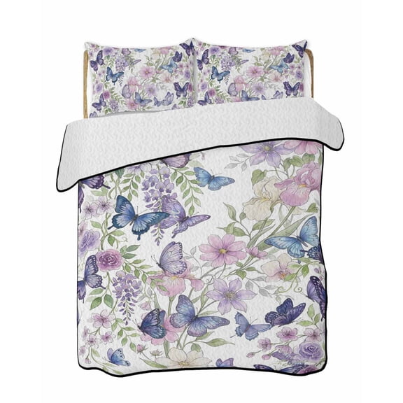 Twin Quilt Bedding Set, Pink Flowers Reversible Summer Quilt 3 Pieces, Spring Floral Purple Butterflies Watercolor Lightweight Bedspreads Coverlets with 2 Pillow Shams for All Seasons
