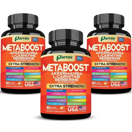 Parrox Metaboost GLP-1 Booster Supplement with Akkermansia, L-Carnitine,Berberine (GlucoVantage),Chromium,Capsimax,Psyllium Husk,Probiotics & Vitamins D3,B6,B12, 20-in-1 Plant-Based Formula (3 Pack)