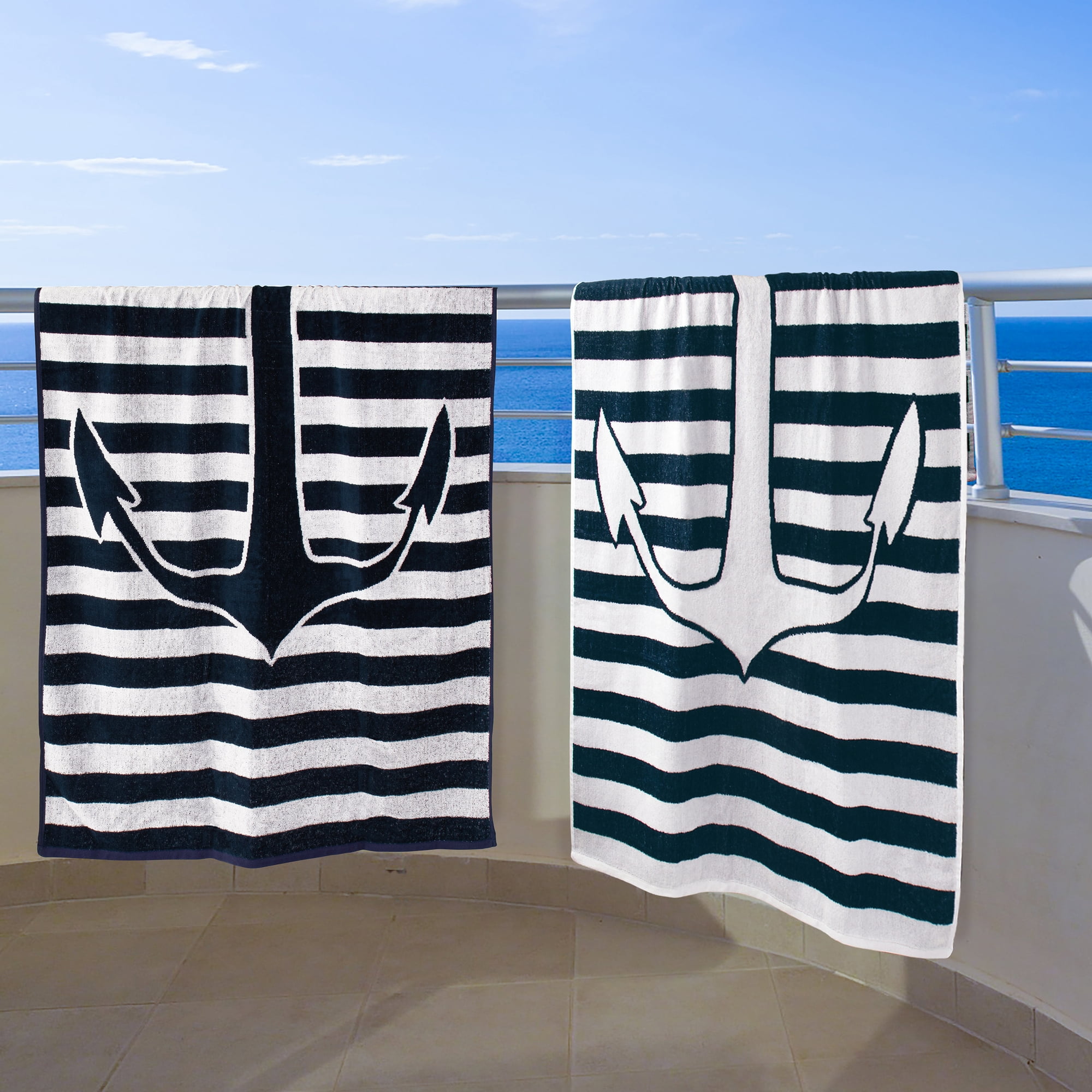 Superior 2-Piece Yacht Club Cotton Beach Towel Set, Navy Blue