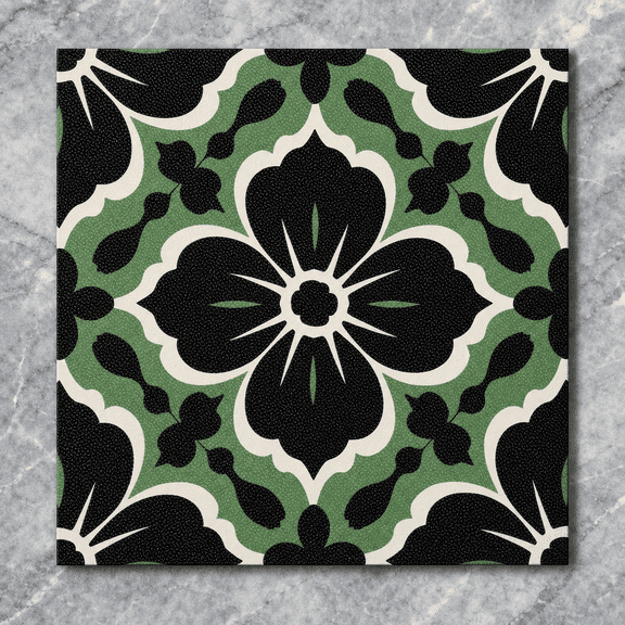 12x12 Inch Green and Black Floral Tile Peel Stick Vinyl Flooring