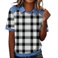 thumbnail image 3 of WTXUE Women Plaid Denim Collared Shirt Short Sleeve Shirts Plaid Shirt Contrast Color Short Sleeve Trendy Dressy Work Business Tunic Blouse Dress Shirt Patchwork Denim Shirts Pullovers Black L, 3 of 9
