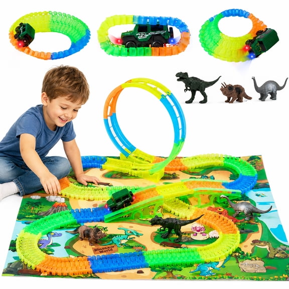Lictin Dinosaur Race Track Toys for Kids, 246PCS Glowing Flexible Race Car Track Set with with Light-Up Car, 3 Dinosaur Figures & Play Map, Birthday Gift for Boys & Girls Ages 3 