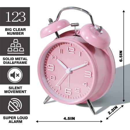 Super Loud Bell Alarm Clock For Heavy Sleepers Adults 4-inch Retro Silent Non-ticking With Night-light 3d Raised Number Dial Operated Bedroom Bedside (3d - Pink)