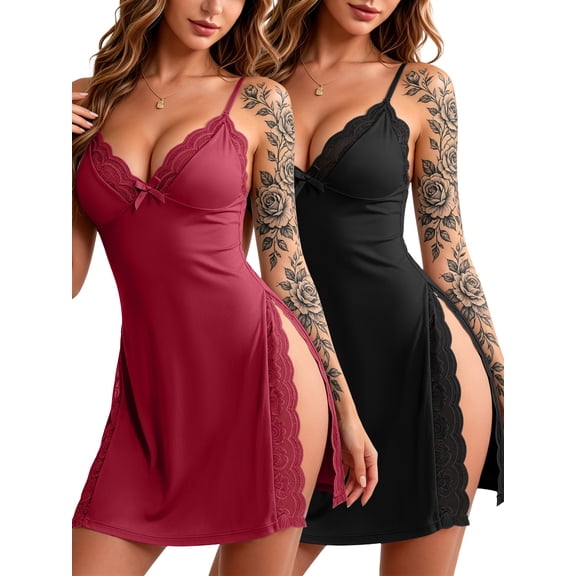 DAKIMOE Lingerie Set for Women 2PC Sexy Nightgowns Lace Chemise Babydoll Women Lingerie with Side Slits S-2XL