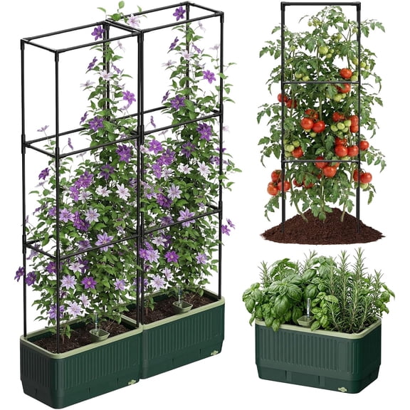 51" Self Watering Planter Box with Trellis, Tomato Cage with Water Level Indicator, Indoor Outdoor Raised Garden Bed
