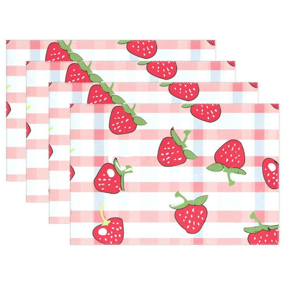 Ryvnso Placemats Set of 4 Strawberry on Checkered Dining Mats Heat-Resistant Non-Slip Washable Table Mat