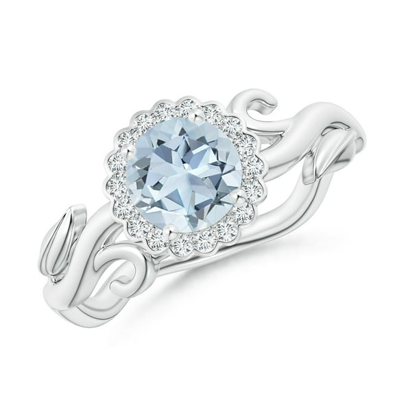 ANGARA Natural Vintage Inspired Aquamarine Flower and Vine Ring in 14K White Gold for Women (Size-6mm) | March Birthstone, Birthday, Anniversary, Jewelry Gift for Women | Natural Aquamarine Ring