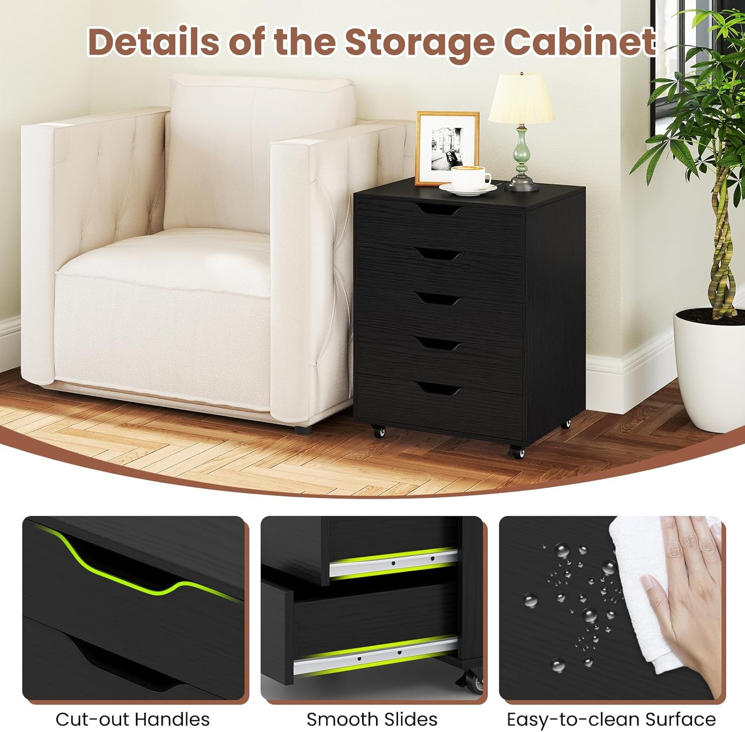 POWERSTONE 5 Drawers Chest Wood Storage Cabinets with Locking Wheels Filing Cabinet Under Desk Storage for Office Home, Black