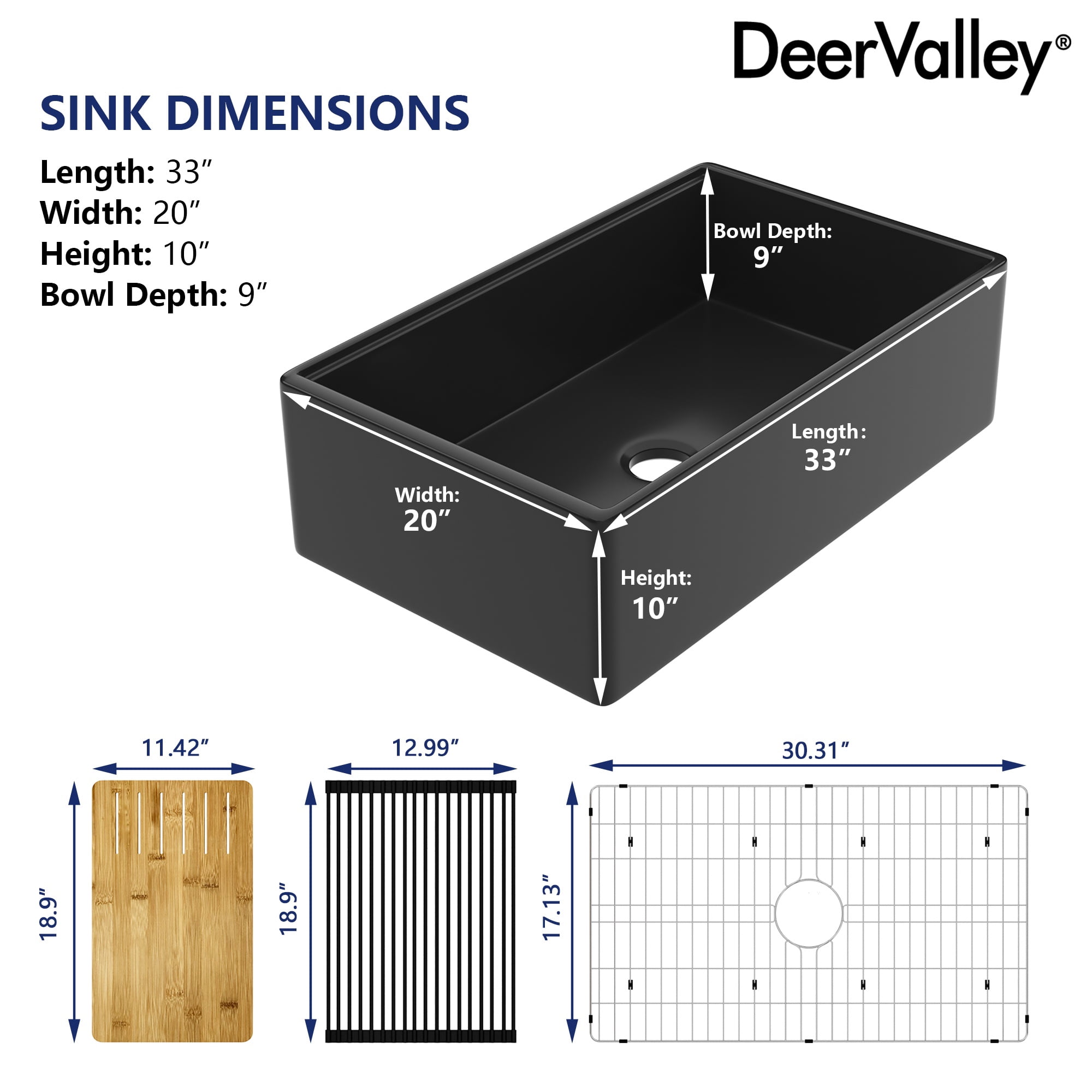 DV-1K0161B 33"L x 20"W Kitchen Sink, Farmhouse Workstation Sink with Cutting Board and Dish Drying Rack
