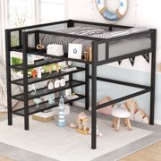 HSUNNS Full Size Loft Bed, Metal Loft Beds with 4-tier Shelves and Storage, Space-Saving Loft Bed Frame with Vertical Ladder and Safety Guard Rails for Boys Girls Kids Teens Adults, Black
