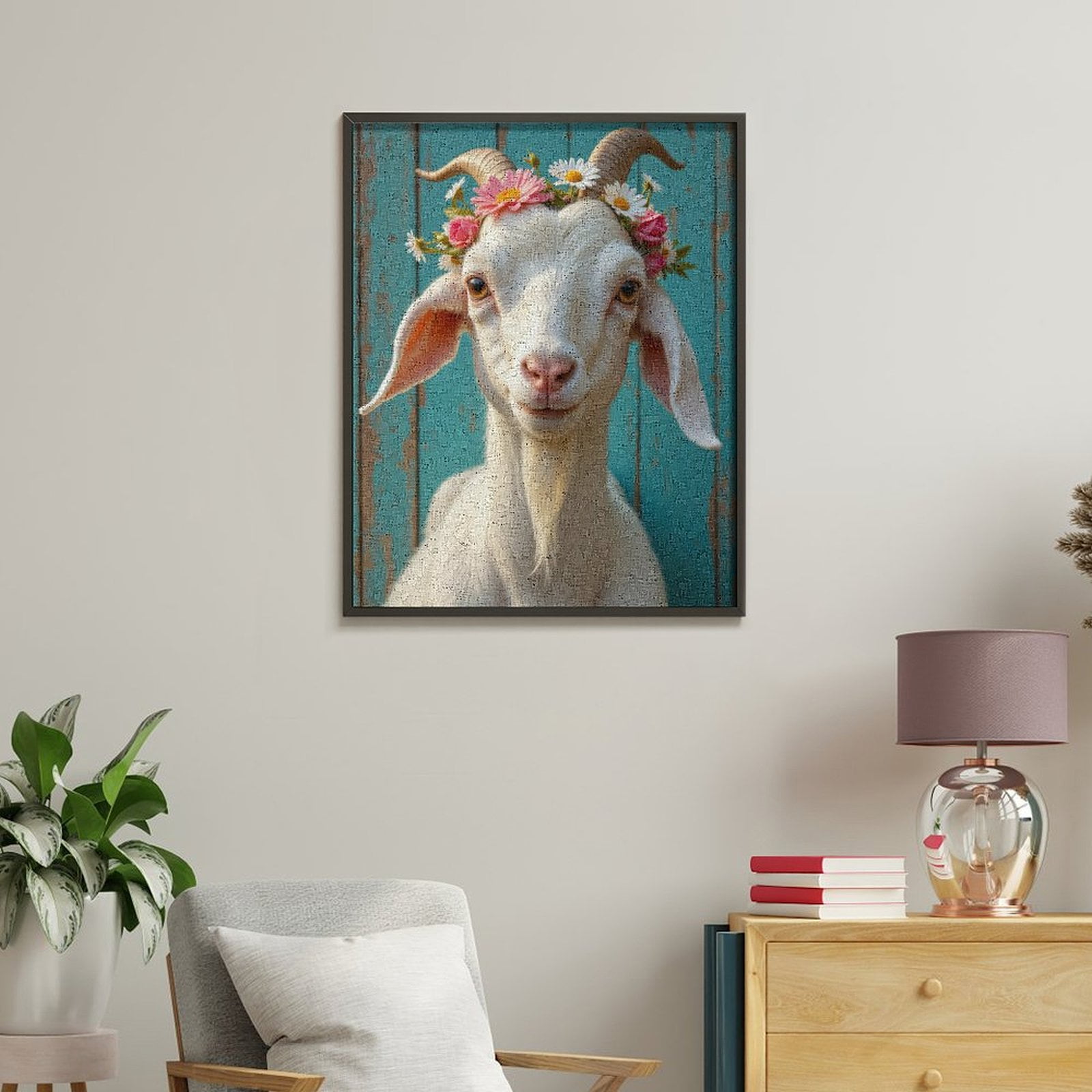 Paint By Numbers Kit for Adults Beginner - Goat Floral Crown Blue Background DIY Canvas Painting Kits for Adults, Frameless Paint By Number for Adults for Home Wall Decor 16x20 Inch