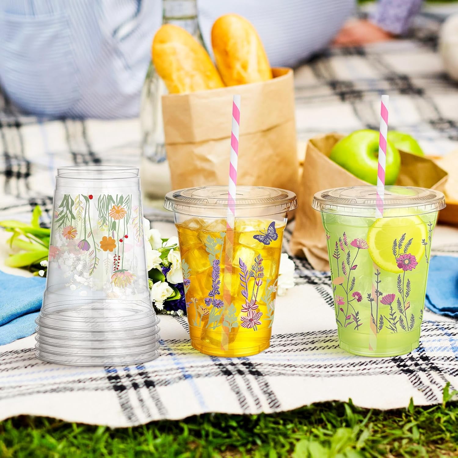 100 Pcs Wildflower Cups Plastic Disposable with Lids and Straws 12 oz Plastic Floral Butterfly Drinking Cups for Spring Summer Tea Party Wedding Baby Shower Bridal Shower Supplies