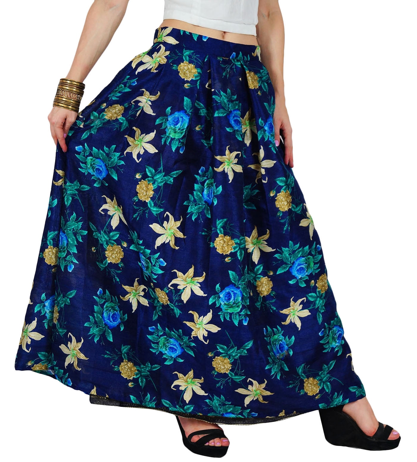 Bimba Women's White Maxi Flared Skirt With Lining - Anchor Print, Cotton Summer Skirt (Length 38") - View #5
