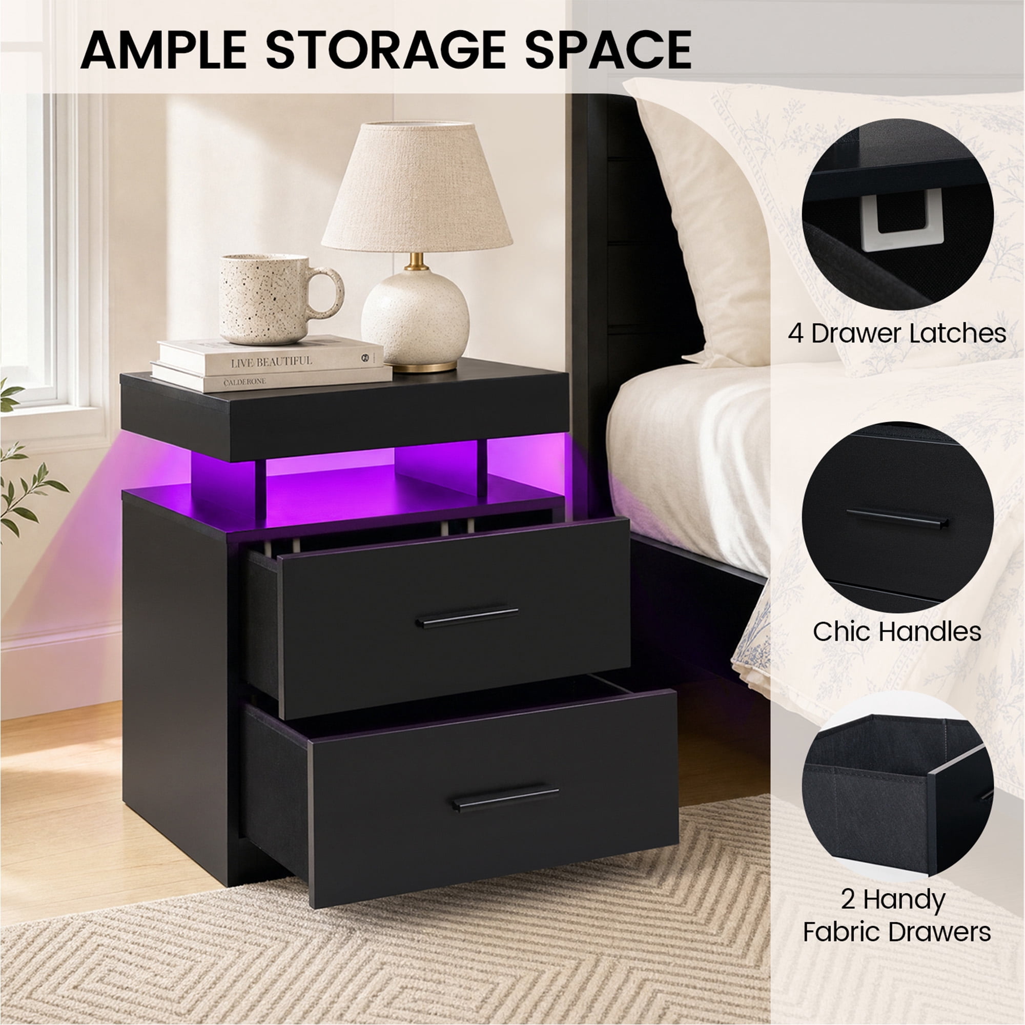 RGB LED Nightstand with 2 Fabric Drawers App/Remote Control 20x15.7x24.4 Inch for Bedroom Game Room Office