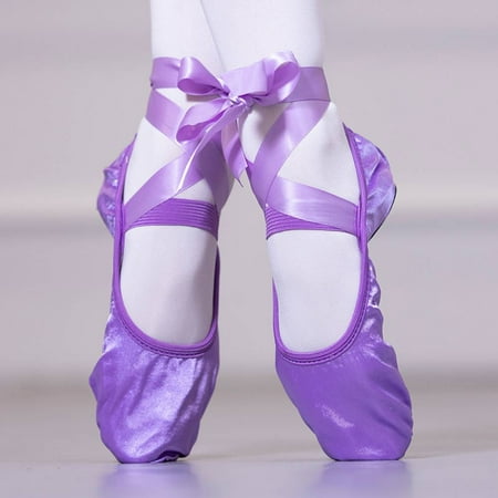 

OMILAIY Girls Womens Ribbon Ballet Shoes Pointe Indoor Ballerina Slippers Yoga Exercise Shoes Lace Up Adult Satin Dance Flats Soft Sole Purple Size 13 Little Kid