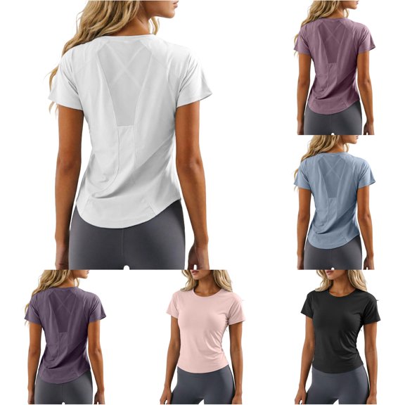 LIIPEE Womens Athletic T Shirts Summer Solid Color Short Sleeve Crew Neck Tees Ladies Lightweight Breathable Workout Training T Shirt,S
