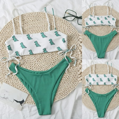 IDALL Bikini Sets Bathing Suit Women s Dinosaur Printed Push-Up Padded Bra Beach Bikini Set Swimsuit Beachweart Thong Bikini Sets High Waisted Bikini Sets Two Piece Swimsuit Green L