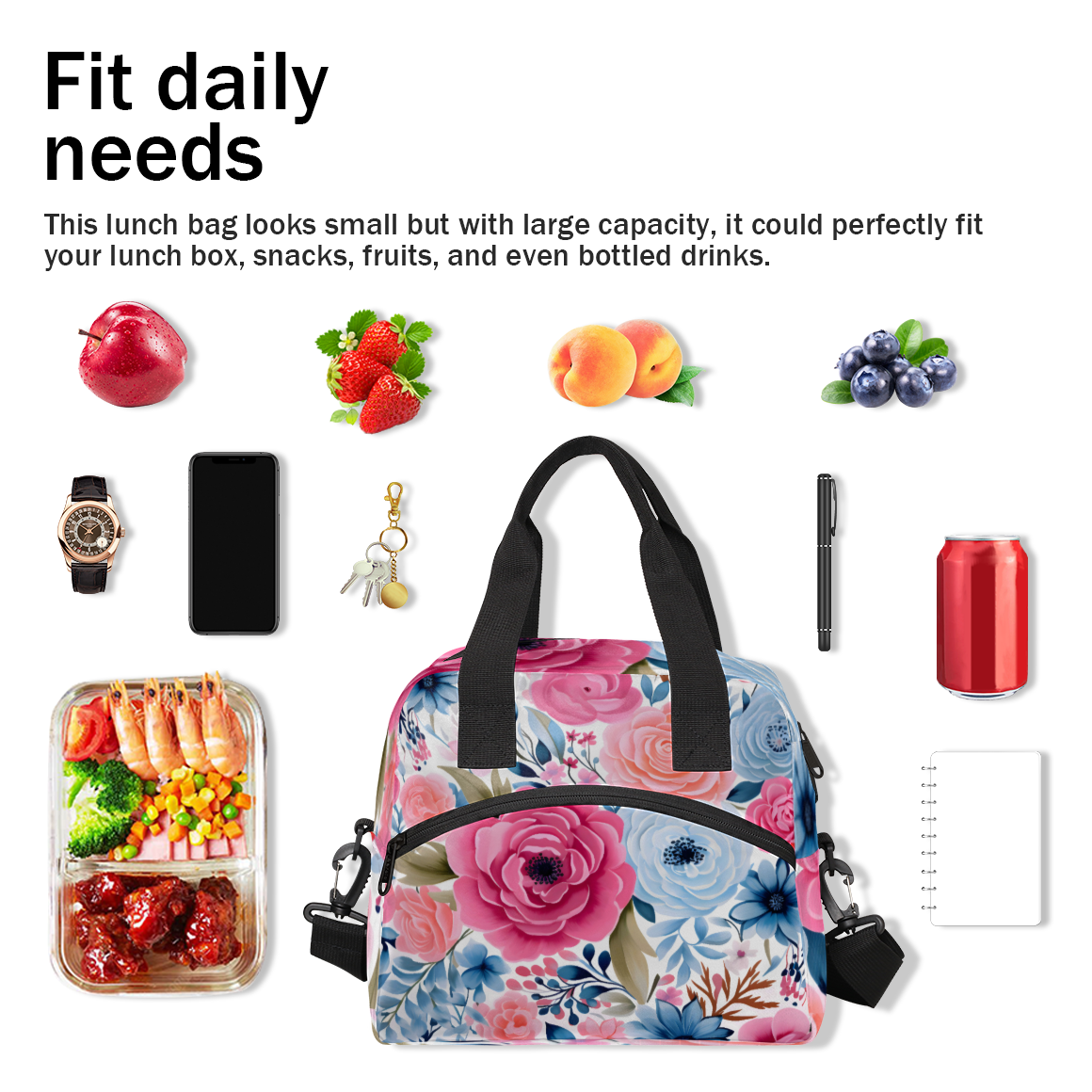 Herdesigns Pink Blue Floral Insulated Lunch Bag for Women Men Adults Large Reusable Lunch Box Leakproof Portable Cooler Tote Bags with Adjustable Shoulder Strap