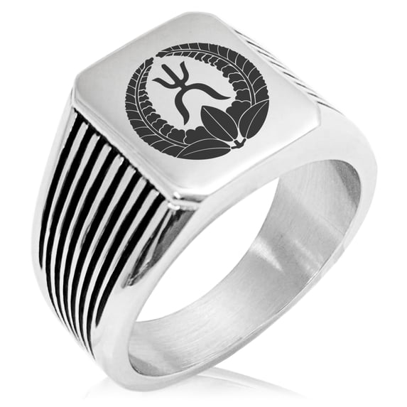 Stainless Steel Okubo Samurai Crest Needle Stripe Pattern Biker Style Polished Ring