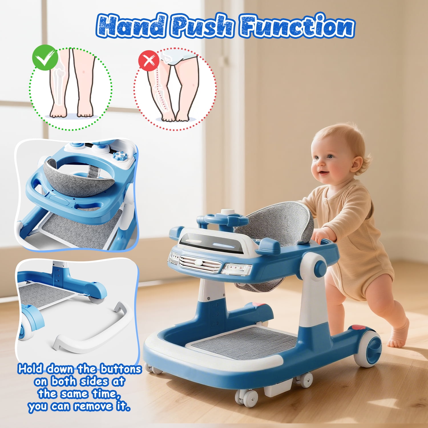 WonderStone 6 in 1 Baby Walker, Height-Adjustable Push Walker with Music & Light Toys, Baby Bouncer & Activity Center for Boys and Girls 6-18 Months (Blue)