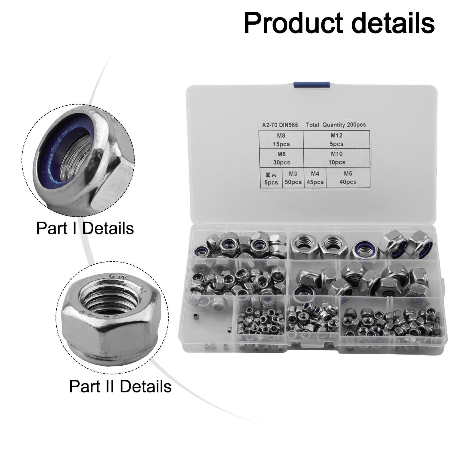 200pcs Stainless Steel Self-Locking Nuts Assortment Threaded Inserts Hex Nut Set