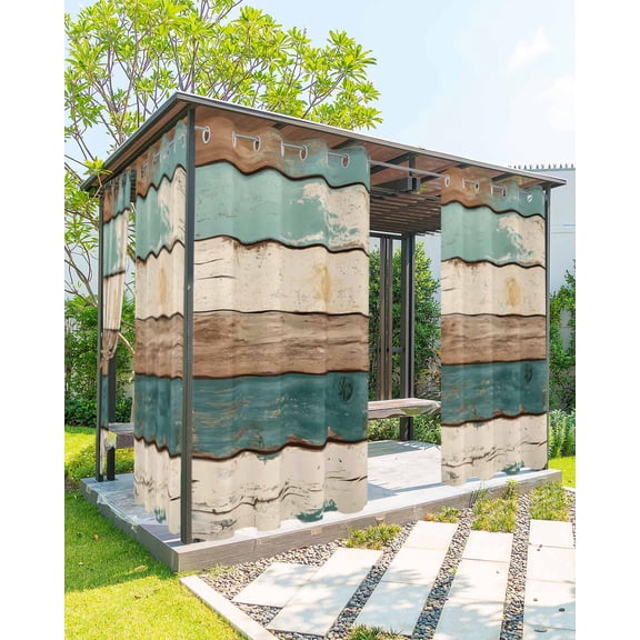 Outdoor Curtains for Patio, Farmhouse Teal Brown Waterproof Blackout Outside Curtain for Porch/Pergola/Gazebo, Retro Ombre Wooden Thermal Insulated Drapes for Cabana, 2 Panels, 54 x 95 Inch