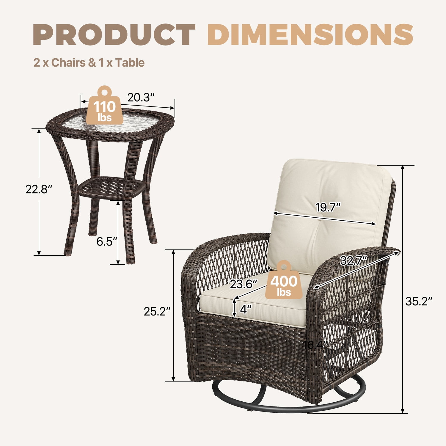 BaPiPro 3pcs Patio Furniture Set, Outdoor Rattan Swivel Gliders Rocker, Wicker Patio Bistro Set with Rocking Chair, Glass Top Side Table, Beige