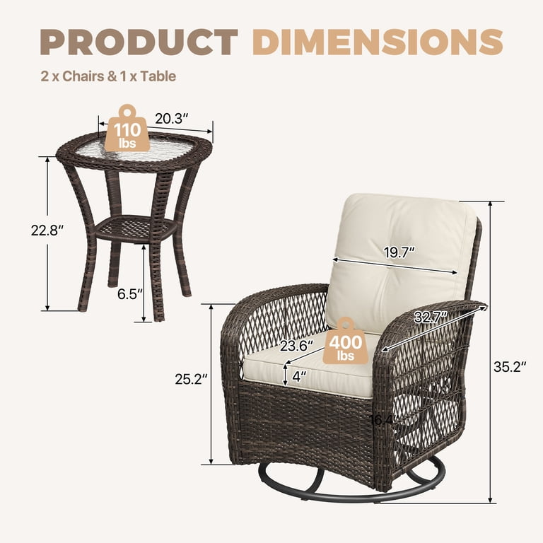 BaPiPro 3-Piece Rattan Swivel Glider Set with Glass Table, Beige photo 2